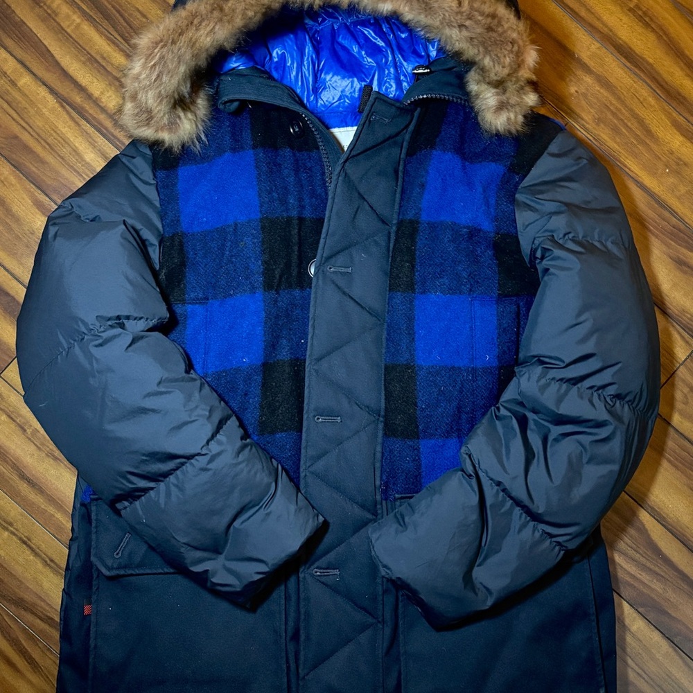 Woolrich Blue and Black Plaid Puffer Coat with Fur Hood